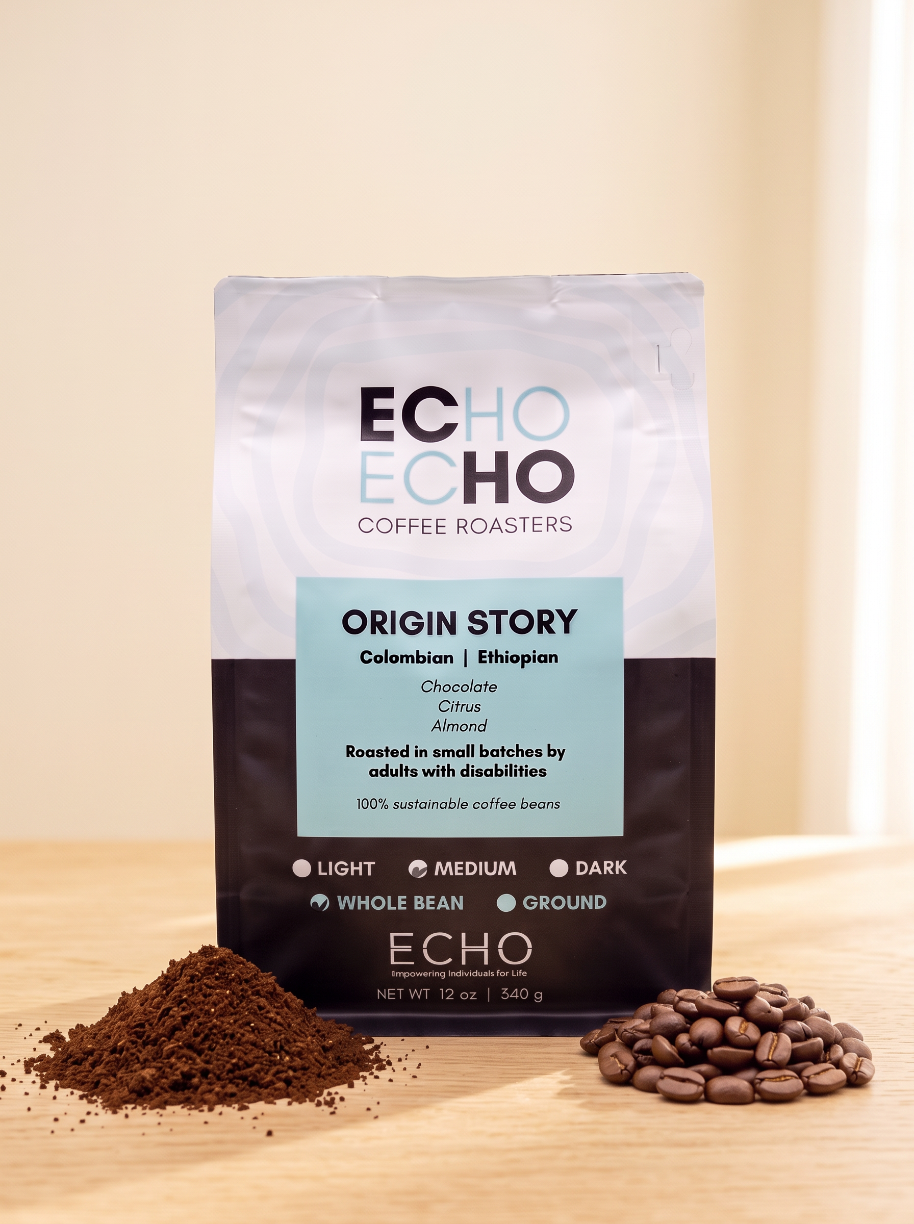 ECHO House Blend Medium Roast 12 oz bag with ground coffee and whole beans